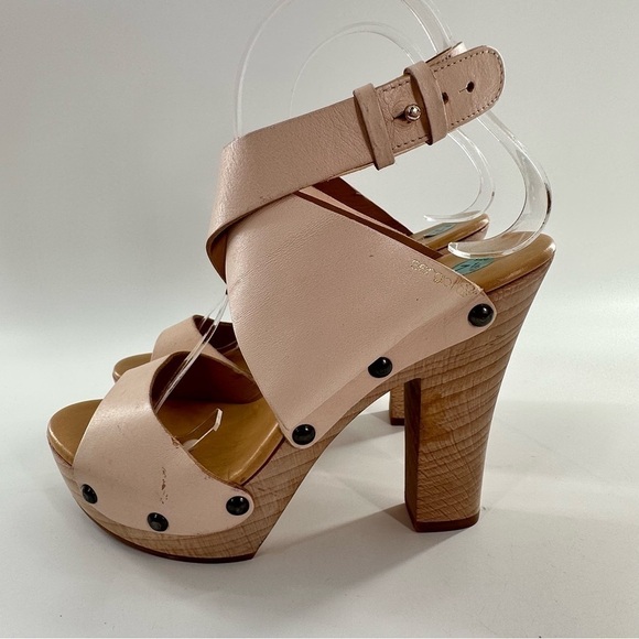 Sergio Rossi heels size 7.5 bone light pink Italian leather wooden platforms - Picture 7 of 14